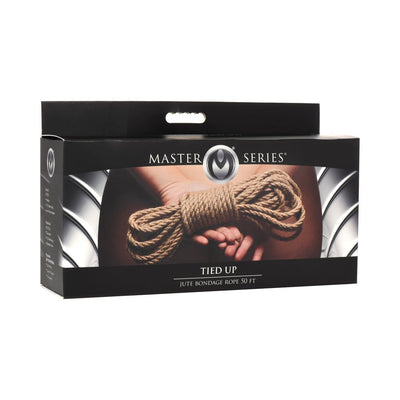 Packaging box for Master Series Tied Up jute bondage rope, featuring a photo of hands holding natural fiber rope.