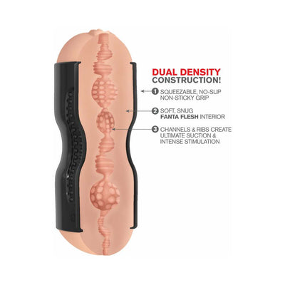 Cross-section of a dual density masturbator showing squeezable black outer grip and soft textured Fanta Flesh interior with stimulating channels and ribs.