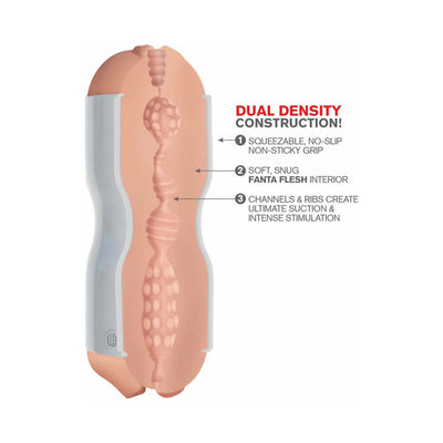 Cross-section of beige masturbator showing dual density construction with textured interior channels and no-slip outer grip.