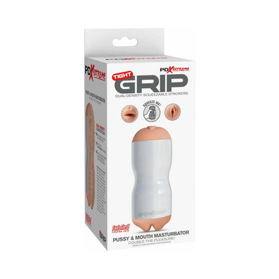 Packaging of Tight Grip dual-density squeezable masturbator in beige with white outer case and product images.