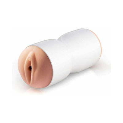 Beige tight grip masturbator with realistic soft sleeve and white ergonomic outer casing.
