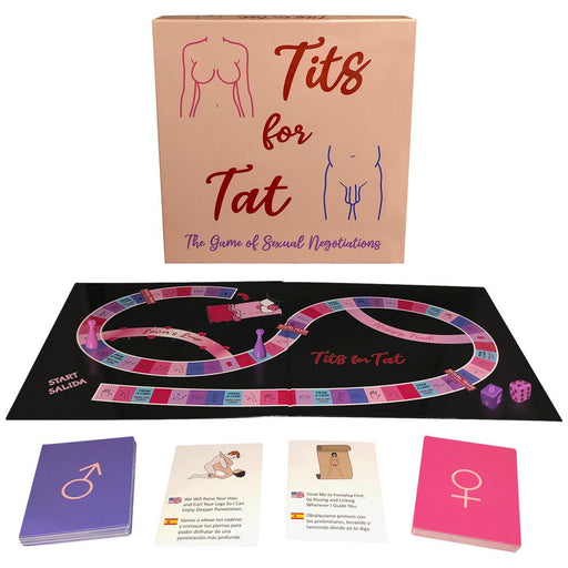 Tits For Tat board game with gameboard, gender-specific reward cards, two dice, and game markers for couples' playful negotiation.