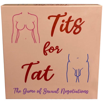 Tits For Tat game box with minimalist line art of a female and male torso and the tagline The Game of Sexual Negotiations.