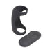 Black silicone vibrating shaft ring with matching remote control on white background.