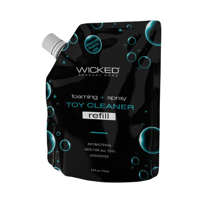 Wicked Sensual Care black refill pouch of foaming and spray toy cleaner with blue bubble design, 24oz, antibacterial and unscented.