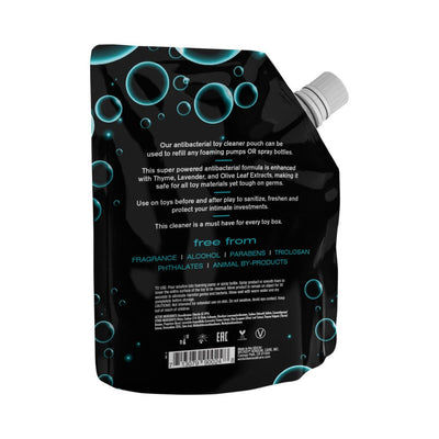 Black refill pouch of antibacterial toy cleaner with blue bubble design and white text detailing ingredients and usage instructions.