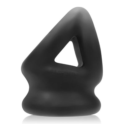 Black silicone triangular-shaped cocksling and ballstretcher with smooth, flexible design.