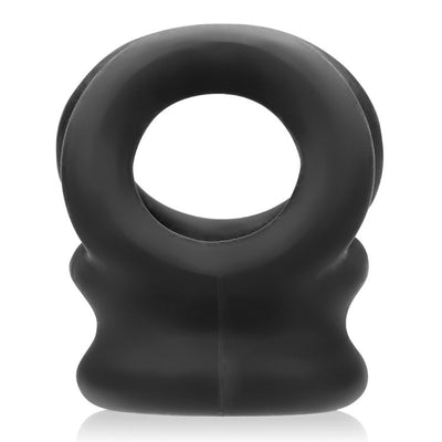 Black silicone tri-ring cocksling and ballstretcher with a flexible, ergonomic design for comfort and support.