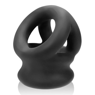 Black silicone tri-ring cocksling and ballstretcher with smooth, flexible design and ergonomic shape.