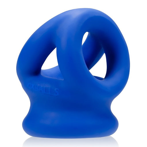 Blue silicone tri-ring cocksling and ballstretcher with flexible, ergonomic design.