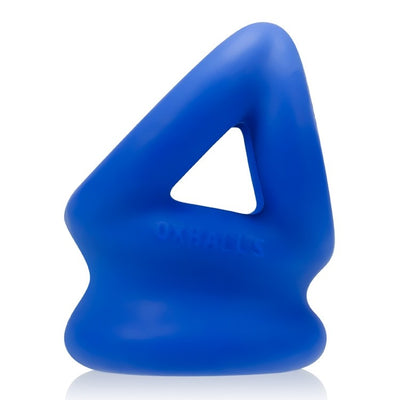 Blue triangular silicone cocksling and ballstretcher with smooth finish and embossed branding.