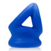 Blue triangular silicone cocksling and ballstretcher with smooth finish and embossed branding.