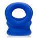 Blue silicone tri-ring cocksling and ball stretcher with a smooth, flexible design.