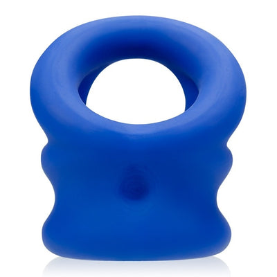 Blue silicone tri-ring cocksling and ballstretcher with a soft, flexible design and textured sides.