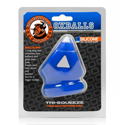 Blue Oxballs Tri-squeeze 3-ring silicone ballstretcher in retail packaging with logo and product details visible
