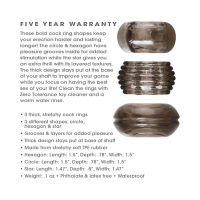 Triple thick smoky gray cock ring trio in circle, hexagon, and star shapes with textured grooves for enhanced sensation.