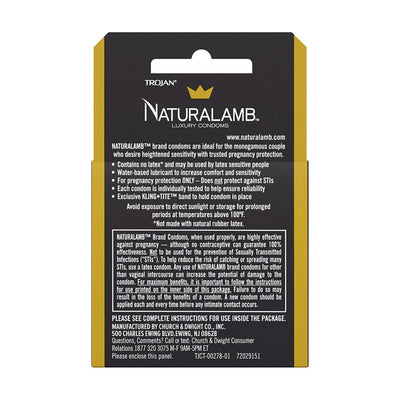 Back view of Trojan Naturalamb Luxury Condoms 3-pack box showing product details and usage instructions.