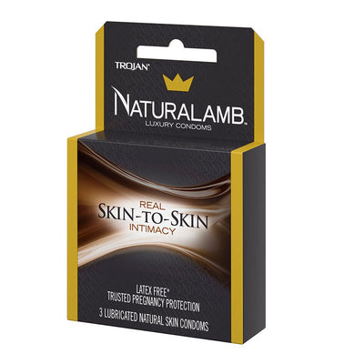 Trojan Naturalamb Luxury Condoms 3 pack box with black and gold design highlighting real skin-to-skin intimacy and latex-free protection.