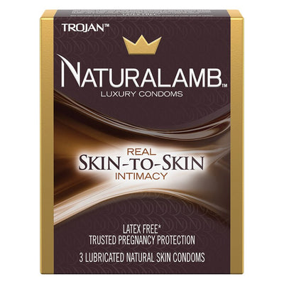 Trojan Naturalamb Luxury Condoms 3 pack box with gold and brown design, latex-free and lubricated for comfort.