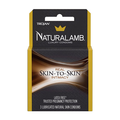 Trojan Naturalamb Luxury Condoms 3 pack box with skin-to-skin intimacy and latex-free pregnancy protection text.