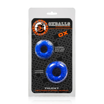 Oxballs Truckt 2-piece blue cockring and ball ring set in retail packaging with black and orange branding.