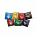 Assorted colorful Trustex lubricated condoms in vanilla, banana, strawberry, chocolate, cola, mint, and grape flavors.