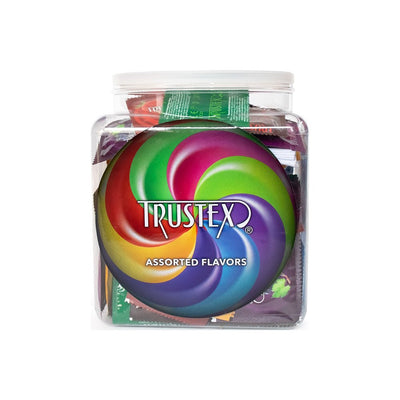 Clear plastic jar filled with assorted colorful Trustex lubricated condoms in individual packets.