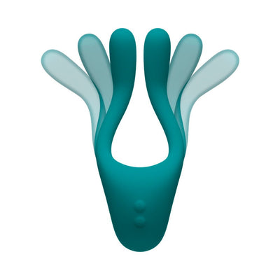 Teal flexible multi-erogenous zone massager with dual buttons and adjustable arms shown in motion.
