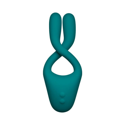 Teal flexible dual-arm multi-erogenous zone massager with two control buttons on the base.