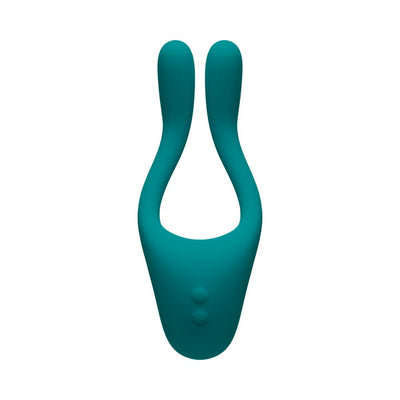 Teal flexible dual-arm multi-erogenous zone massager with two control buttons on the base.