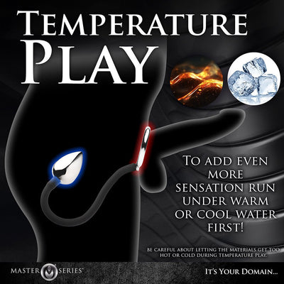 Illustration of a cock and ball ring with anal plug highlighting temperature play with warm and cool water options.