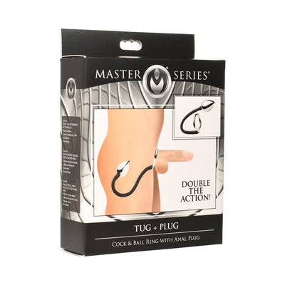Packaging of Master Series Tug and Plug cock and ball ring with anal plug showing product use illustration and product image.