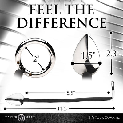 Metal cock and ball ring with attached anal plug showing dimensions on a white background with text Feel the Difference.