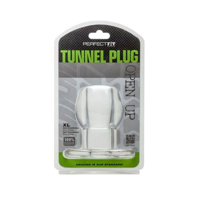 Clear XL tunnel plug in retail packaging with green and black Perfect Fit branding and product details.