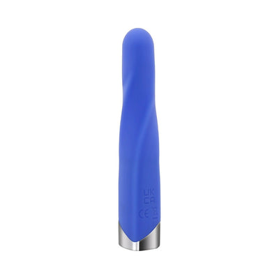 Blue silicone vibrating bullet with twisted ridge design and chrome-finished base, USB rechargeable and waterproof.