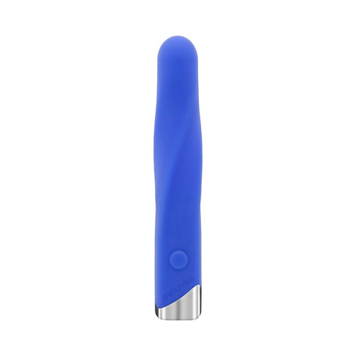 Blue silicone vibrating bullet with a rounded tip and chrome-finished base, featuring a single button control.