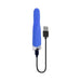 Blue silicone vibrating bullet with curved ridges and chrome base, shown with USB magnetic charging cable.