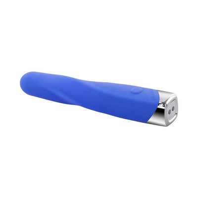Blue silicone vibrating bullet with twisted ridge design and chrome-finished base, USB rechargeable and waterproof.