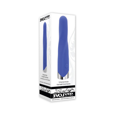 Blue silicone vibrating bullet with chrome base shown on white packaging box with floral design and product details.