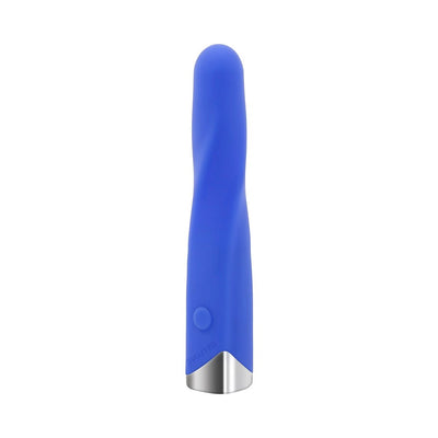 Blue silicone vibrating bullet with a rounded tip and chrome-finished base, featuring a single button control.