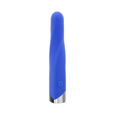 Blue silicone vibrating bullet with a rounded tip and chrome base, featuring a single button control.