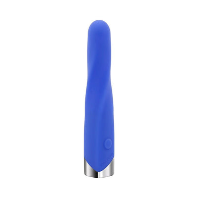 Blue silicone vibrating bullet with twisted ridge design and chrome-finished base, single button control.
