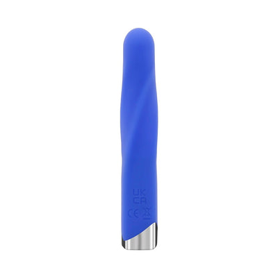 Blue silicone vibrating bullet with a twisted ridge and chrome-finished base, standing upright on white background.