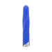 Blue silicone vibrating bullet with a twisted ridge and chrome-finished base, standing upright on white background.