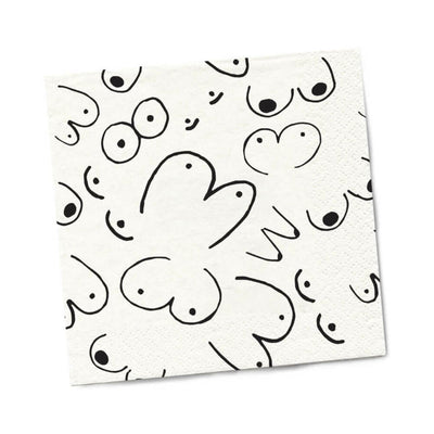 White beverage napkin with a playful black line art pattern of abstract shapes and dots.