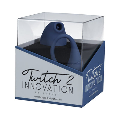 Blue rechargeable remote-controlled vibrator and insertable egg in clear display box with Twitch 2 Innovation branding.