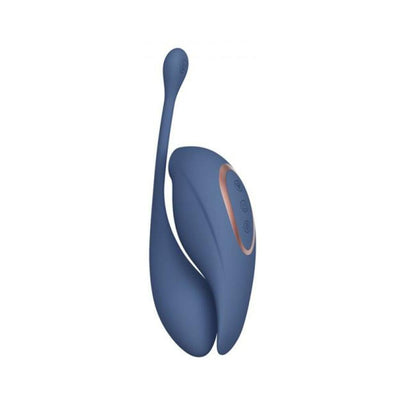 Blue rechargeable dual motor vibrator with remote control and ergonomic design for targeted stimulation.