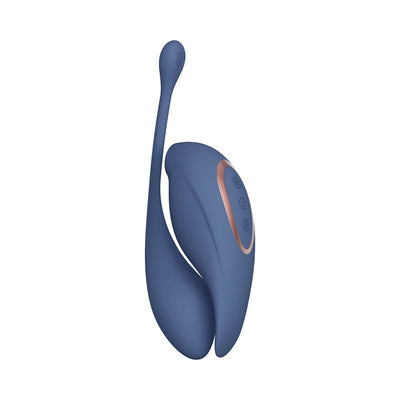Blue rechargeable dual-motor vibrator with remote control and ergonomic design for targeted stimulation.