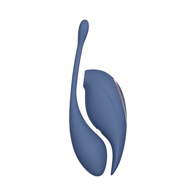 Blue rechargeable dual-motor vibrator with suction and flapping stimulator and remote-controlled insertable egg.