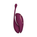 Purple rechargeable dual-motor vibrator with suction and flapping stimulator and remote control buttons.